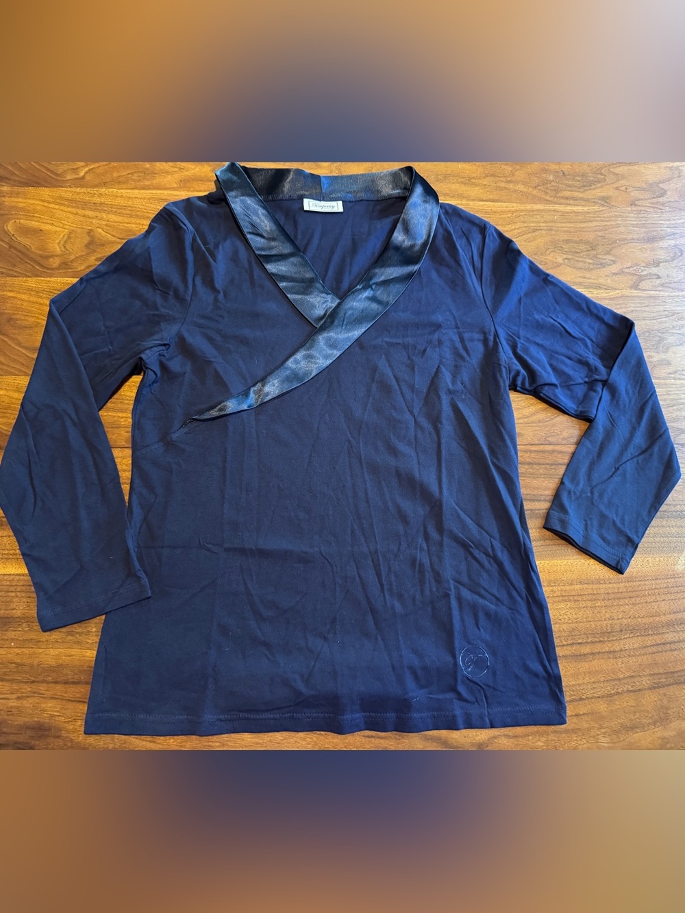 Temperley London Like New Navy Cotton Knit Shirt w/ Satin Crossover Collar Sz L